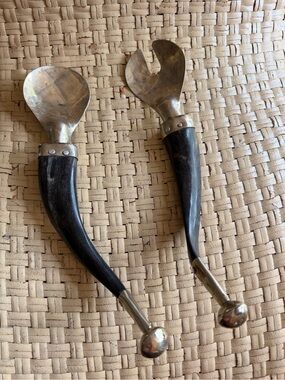 Unique Horn Handle Salad Serving Set - Black & Silver VTG